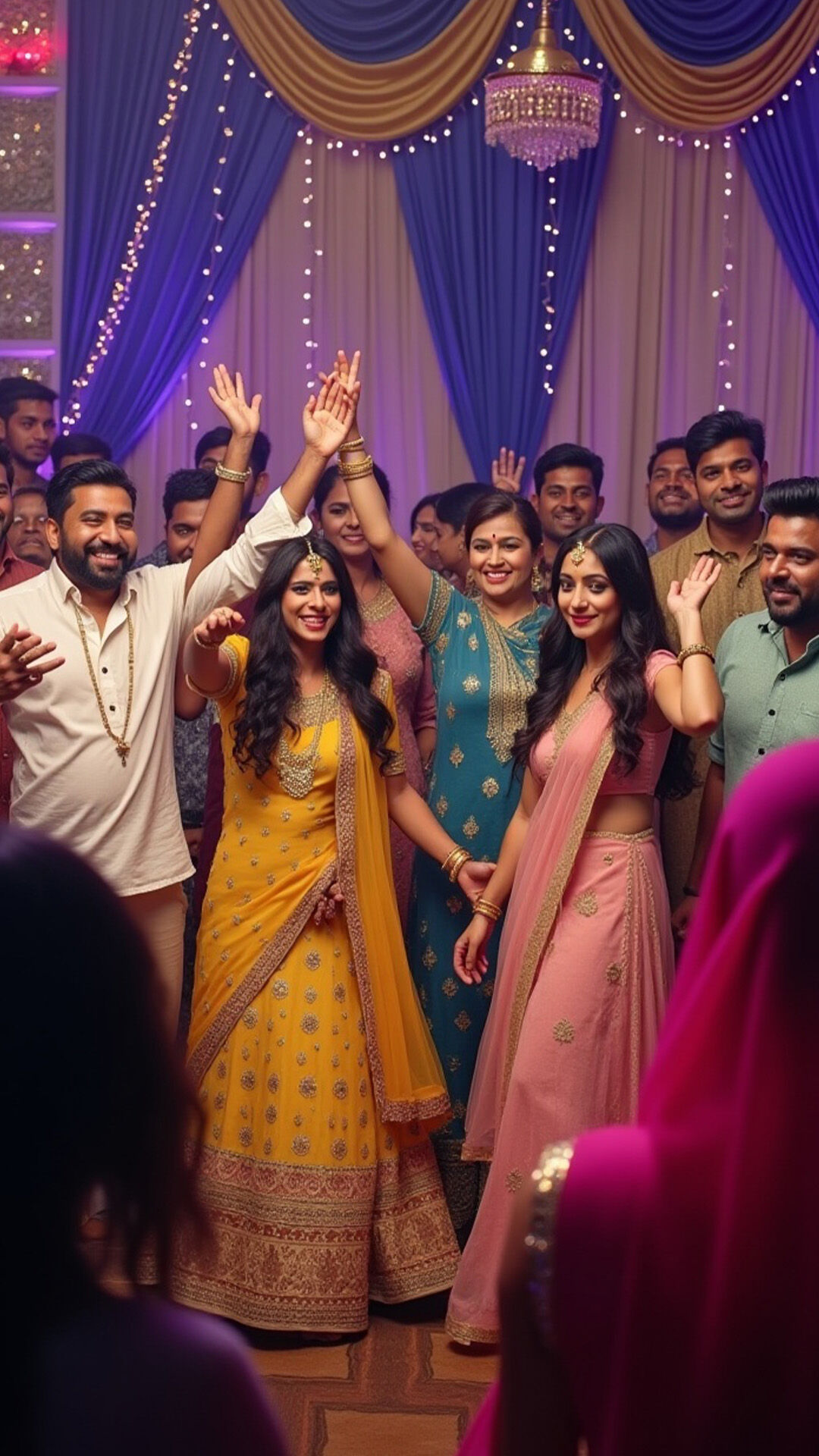 Bride having fun at her sangeet night surrounded by loved ones